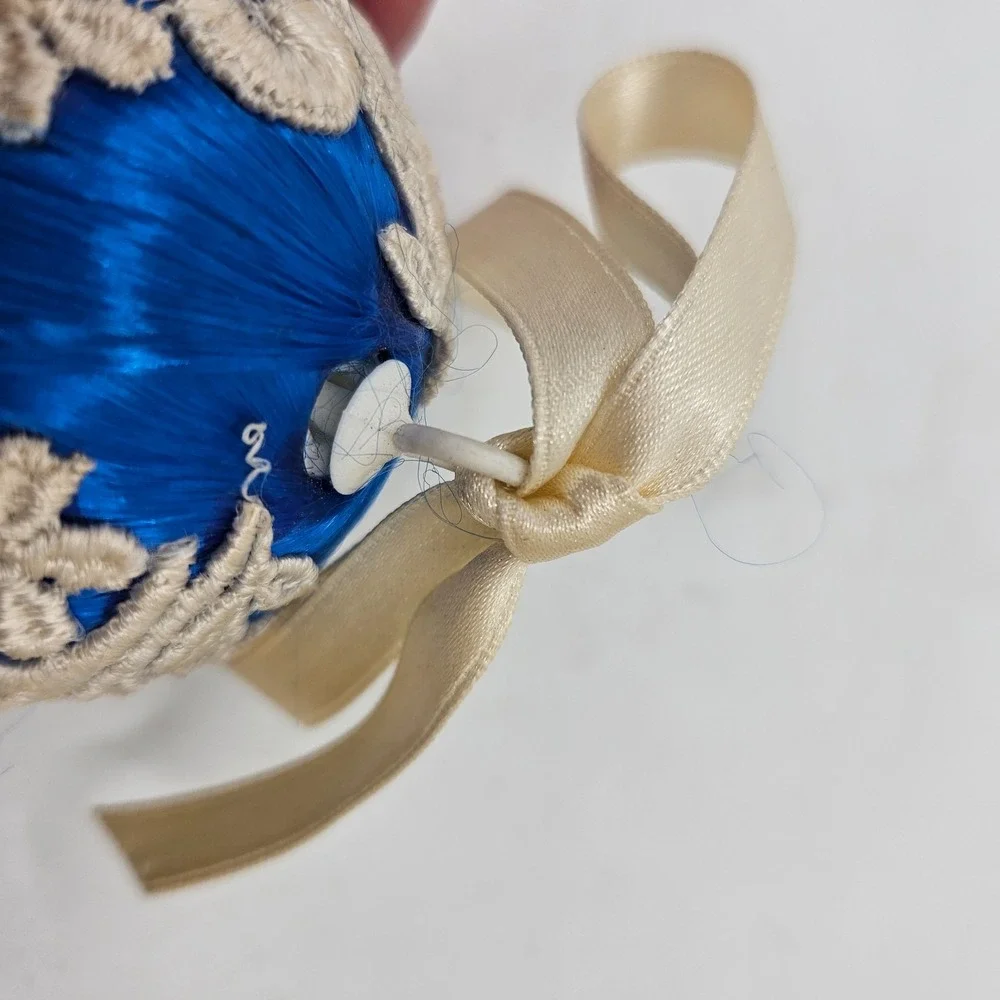 Vintage Style Blue Satin Thread Ball Ornament Lace Ribbon Handmade